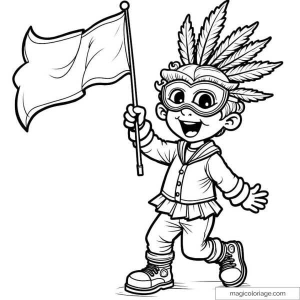 Child in costume waving a flag at a carnival