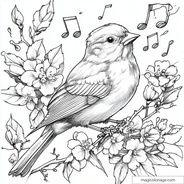Singing bird with flowers and musical notes coloring page.