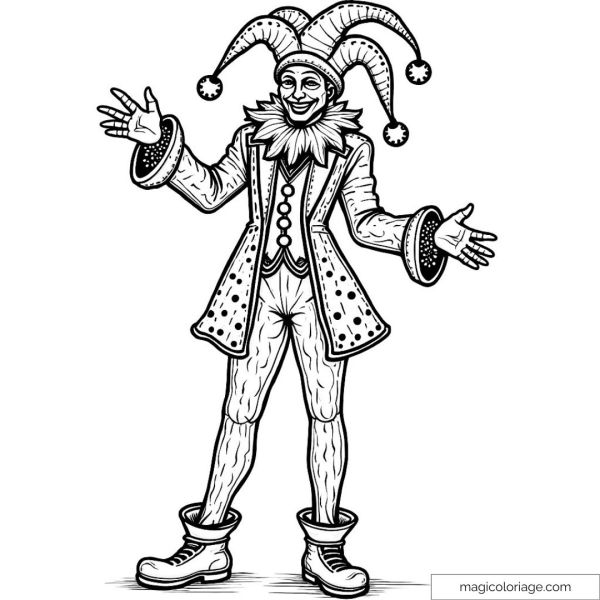 Drawing of a clown in a costume with a pompom hat