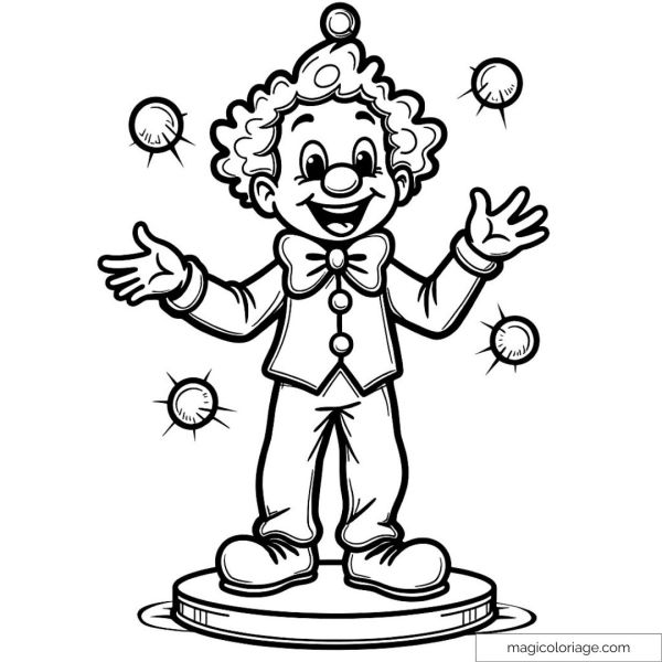 Smiling clown juggler on a podium with balls