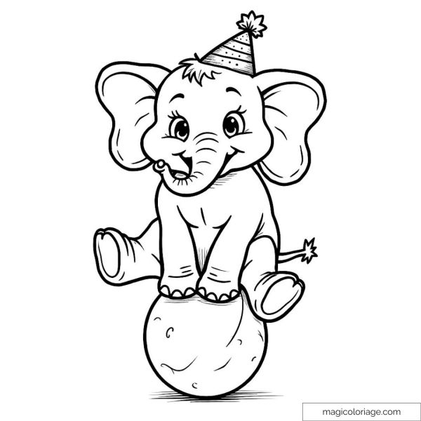 Smiling elephant with birthday hat on a circus ball.
