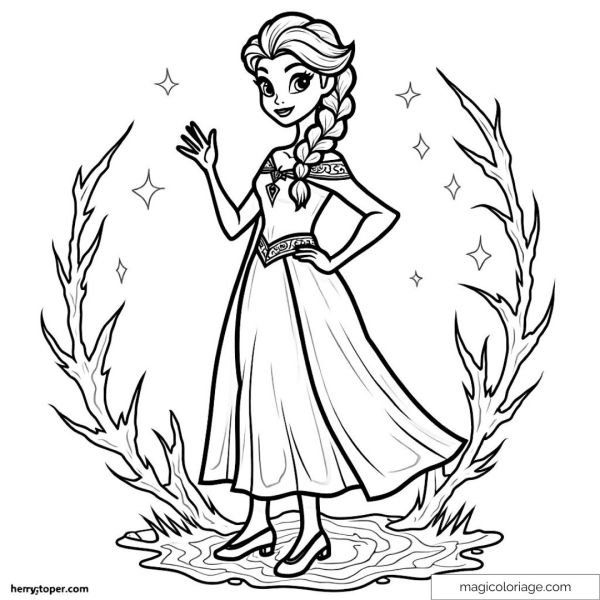 Elsa coloring page with magical and sparkling details