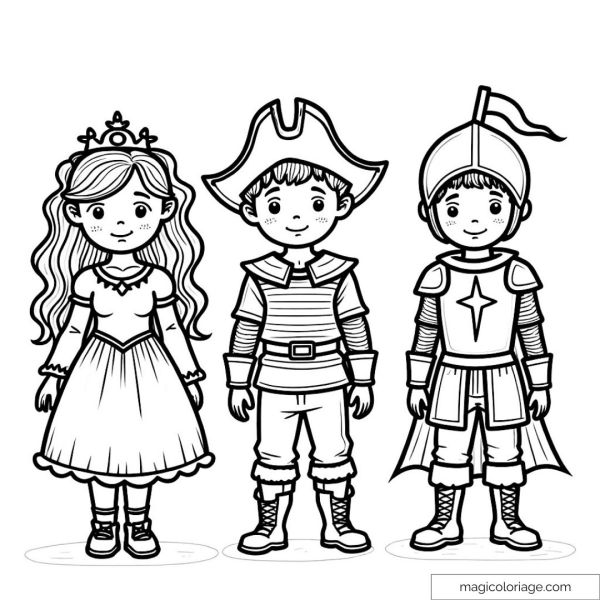 Princess and knights coloring page for children.