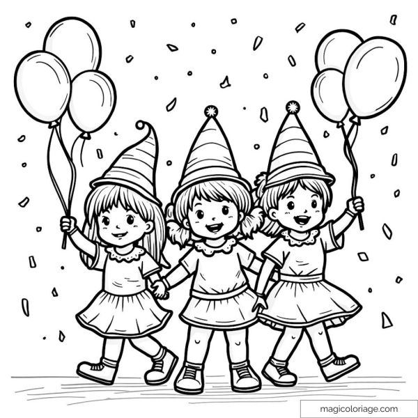 Drawing of three girls at a party with pointy hats and balloons.