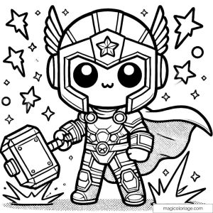 Kawaii Thor drawing with hammer and stars for coloring.