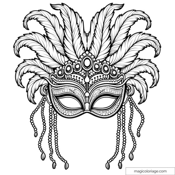 Carnival mask with feathers and beads for coloring.