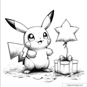Pikachu with star balloon and gift on monochrome background