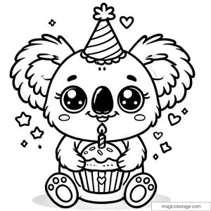 Cute koala with cupcake and party hat to color.