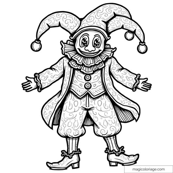 Image of a clown in traditional clothing with intricate details for coloring.