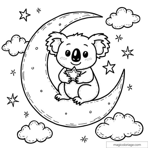 Koala sitting on the moon with stars and clouds around
