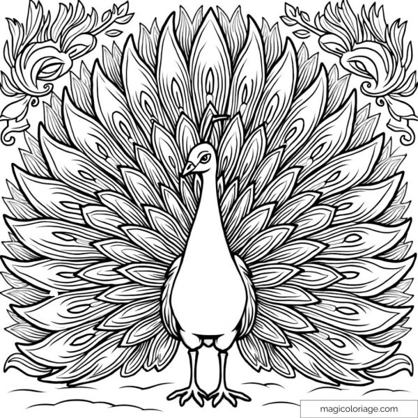 Coloring peacock with its feathers spread