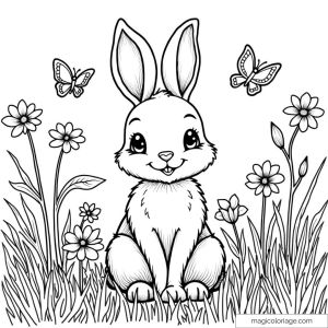 Cute bunny with butterflies and flowers coloring page for kids