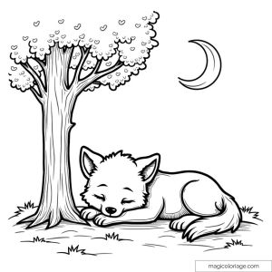 Drawing of sleeping wolf under tree with crescent moon.