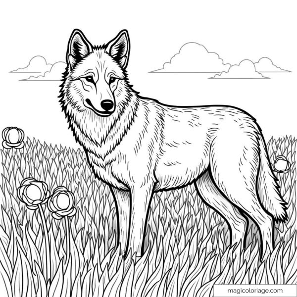 Wolf standing in a flowery field