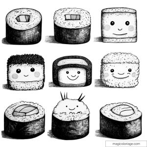 Kawaii sushi coloring picture with happy expressions and funny details.