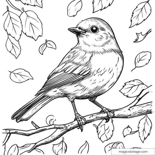 Drawing of a bird perched on a branch surrounded by leaves
