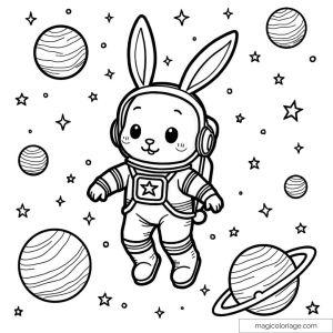 Astronaut rabbit floating in space surrounded by planets.