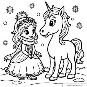 Princesse rencontre une licorne sous la neige
