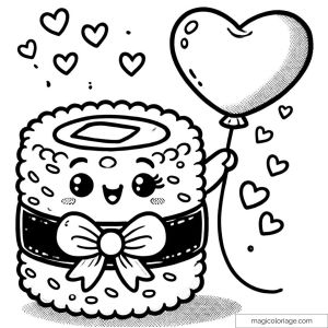 Image of kawaii sushi holding a heart balloon with little heart decorations.