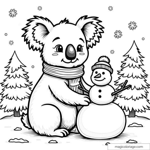 Illustration of koala with snowman and fir trees