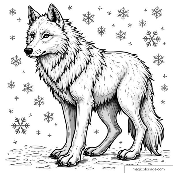 Drawing of a wolf in the snow surrounded by snowflakes
