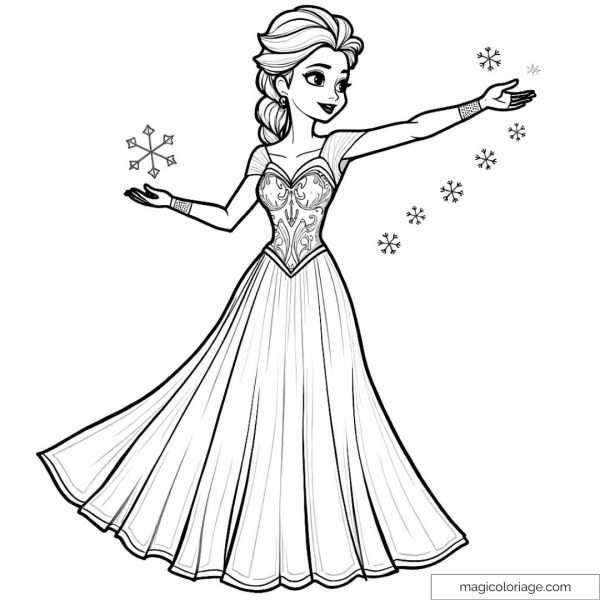 Coloring page of the ice princess throwing snowflakes
