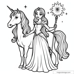 Dessin de princesse avec une licorne et un bâton magique féerique.