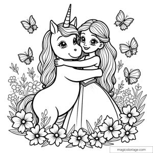 Jeune fille avec cheveux longs et licorne entourées de fleurs et papillons.