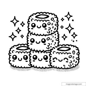 Cute kawaii sushi drawing with adorable faces to color.