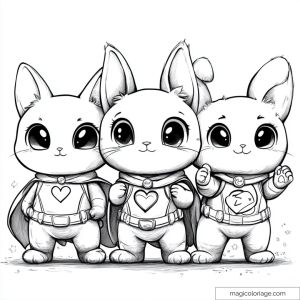 Three animals in superhero costumes with capes and glowing eyes.