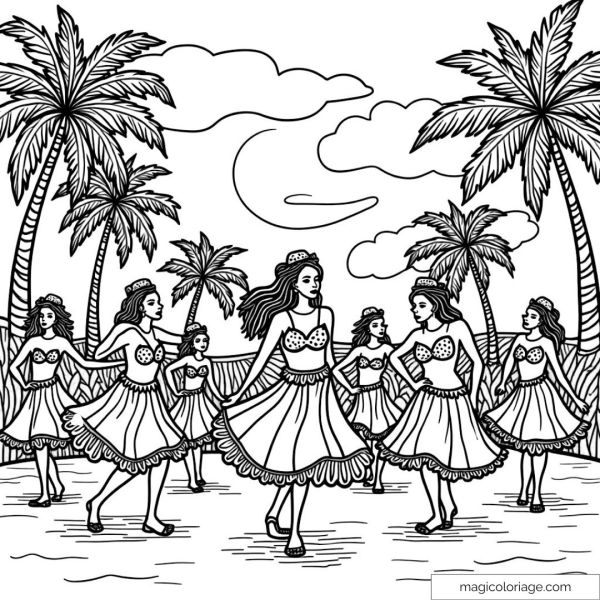 Drawing of Tahitian dancers under exotic palm trees.