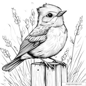Sparrow perched on a branch among wildflowers.