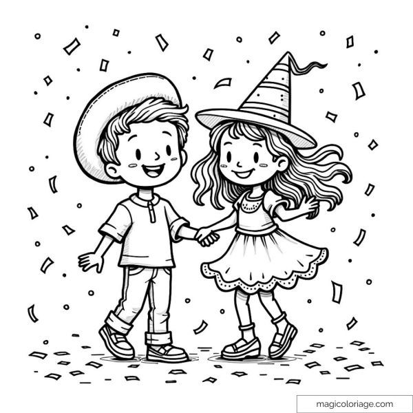 Drawing of children holding hands celebrating with confetti.