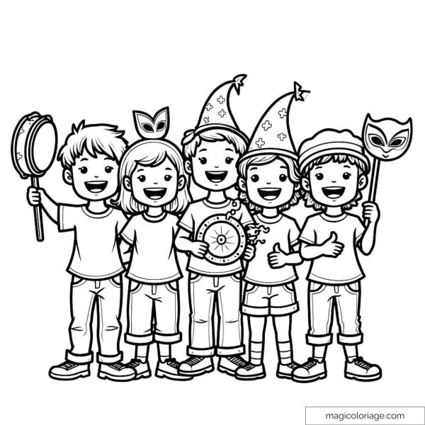Five happy children with party accessories