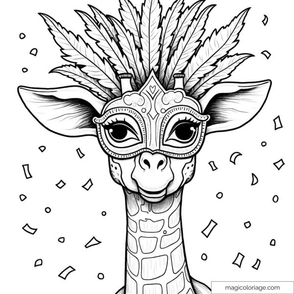 Masked giraffe with feathers and confetti coloring page for kids