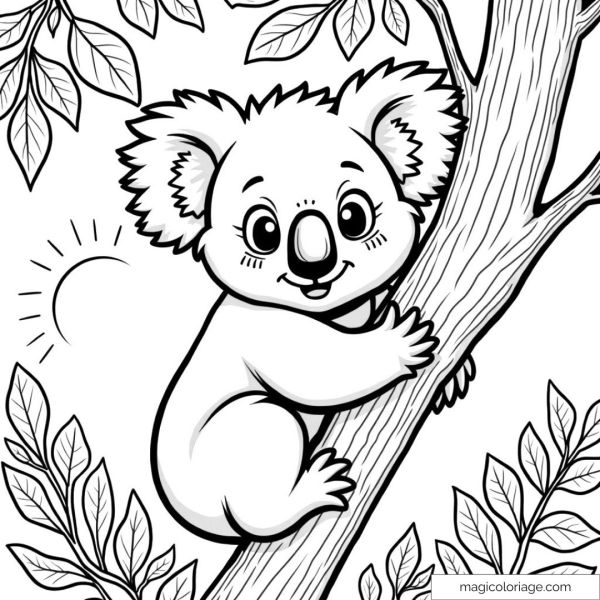 Cute koala coloring page in a tree with leaves