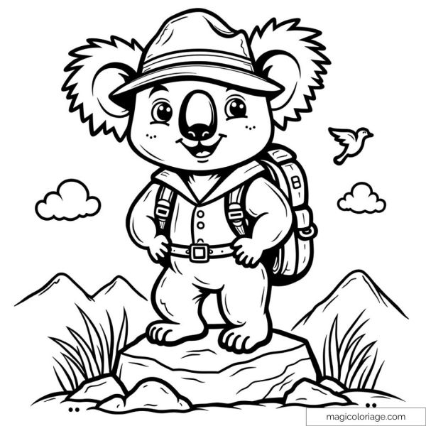 Drawing of koala with hat and backpack in front of mountains.