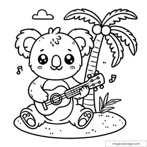 Koala with guitar under palm tree on tropical beach