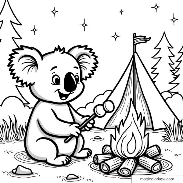 Koala in front of a campfire with tent and stars