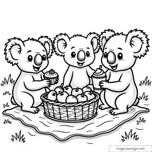 Drawing of three koalas with a picnic basket and cupcakes.