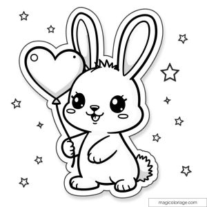 Cute bunny holding a heart balloon surrounded by stars.