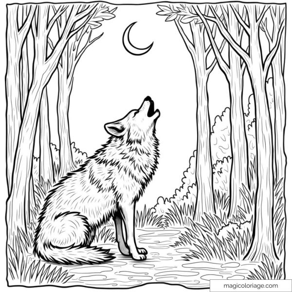 Coloring wolf howling under the moon in the forest