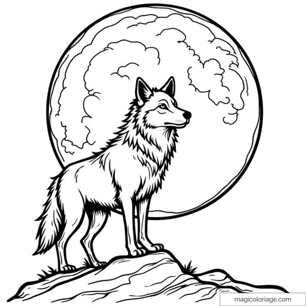Drawing of a proud wolf on a rock with a full moon in the background.