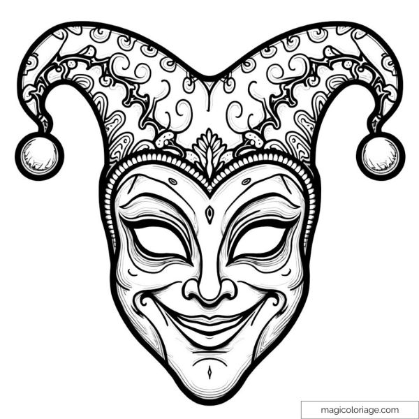 Detailed Joker mask coloring page with intricate ornaments.