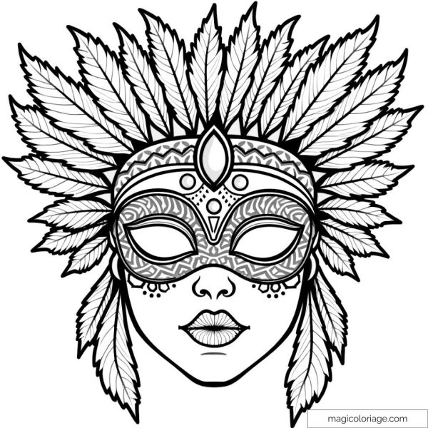 Exotic mask with feathers and detailed patterns to color.
