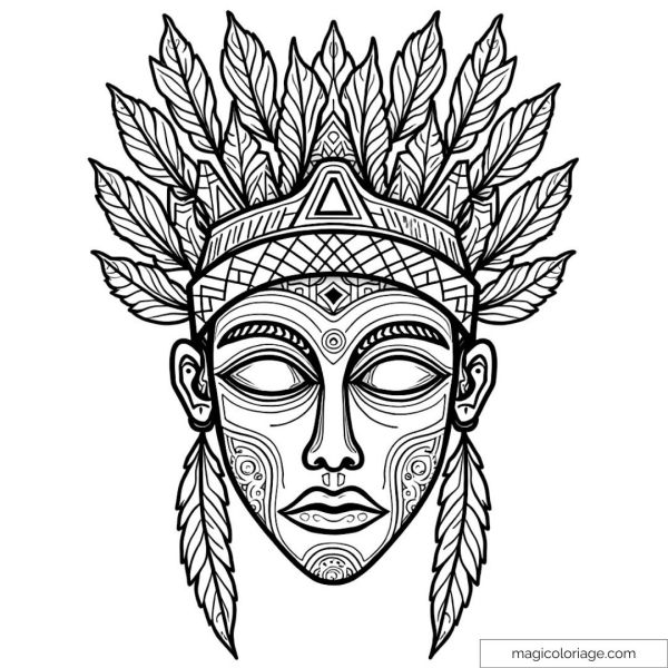Tribal mask with patterns and feathers to color