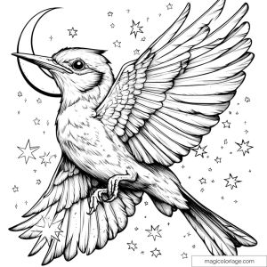 Drawing of a bird with moon and stars to color