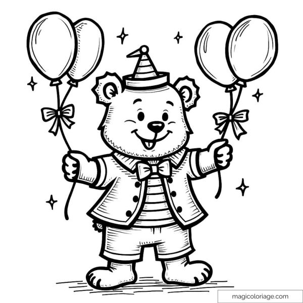 Drawing of a happy bear with balloons and party hat
