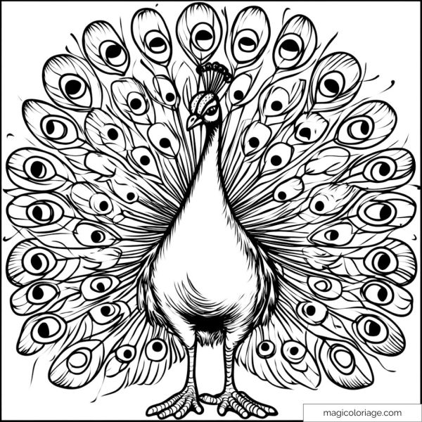 Peacock drawing with detailed feathers to color.