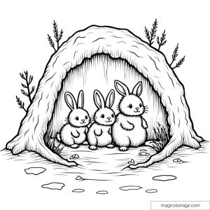Three cute rabbits in front of a burrow to color